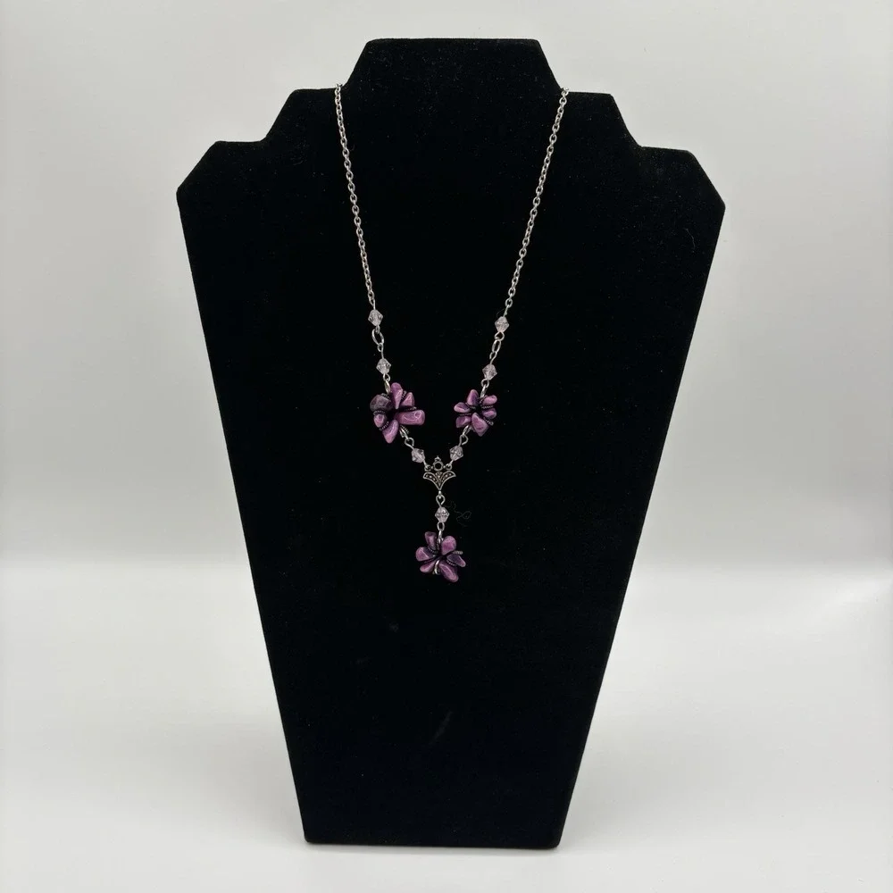 Purple Flower Y Drop Necklace‎ Silver Tone Chain Beaded Pendant Fashion Jewelry